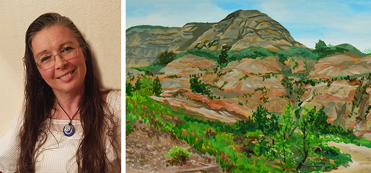 artist Mel Gordon next to a painting of the North Dakota badlands during the summer
