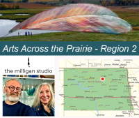 Arts Across the Prairie Region 2 project showing a huge feather stained-glass structure arching over the North Dakota prairie with a photo of the artists, Alan and Nicole Milligan