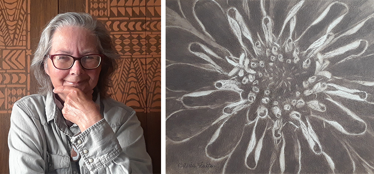 artist Cris Fulton next to her watercolor drawing of a flower in greyscale