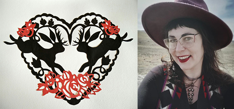 Mixed media artwork showing a heart with flowers and 2 deer running toward each other, along with a head and shoulders photo of the artist Sabrina Hornung wearing a cowboy hat, glasses, dark red lipstick and a dark shirt with Native American symbols