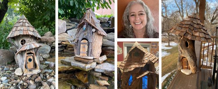 collage showing 4 images of small wooden fairy houses with a close-up photo of their creator, Kimberly Eslinger, with long grey, curly hair and a big toothy smile