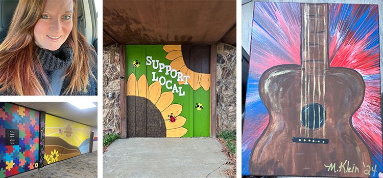 head and shoulders of artist Myra Klein with long, straight, auburn hair, green-blue eyes, pale skin, and a slightly toothy smile with a collage of her art around her, including an indoor mural on a wall showing puzzle pieces on one side and a prairie sun landscape on the other, sunflower works over a door that says Support Local, and a canvas image of an acoustic guitar