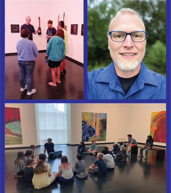 Collage of photos showing Matthew Anderson as an arts educator