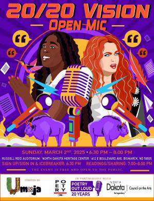 20/20 Vision Open Mic text above a wildly colorful and busy vector drawing of two young women who won ND's Poetry Out Loud competitions in the past