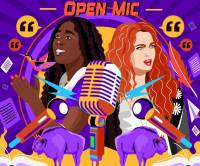 OPEN MIC text above a wildly colorful and busy vector drawing of two young women who won ND's Poetry Out Loud competitions in the past