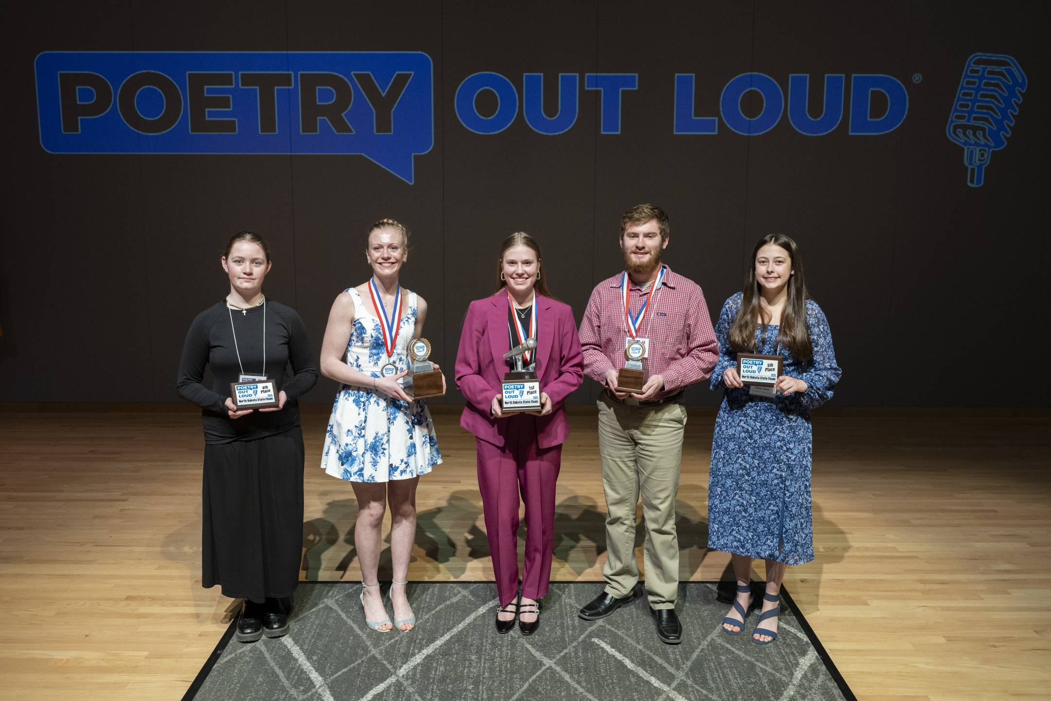 POL 2025 finalists: 4th-DeLainis Kroh, Mandan H.S.; 2nd-Joanie McCormack, Wilton Public School; 1st-Leah Hochhalter, Valley City H.S.; 3rd-Sawyer Wilhelmi, Starkweather School; 5th-Aspen Geist, Wyndmere Public School