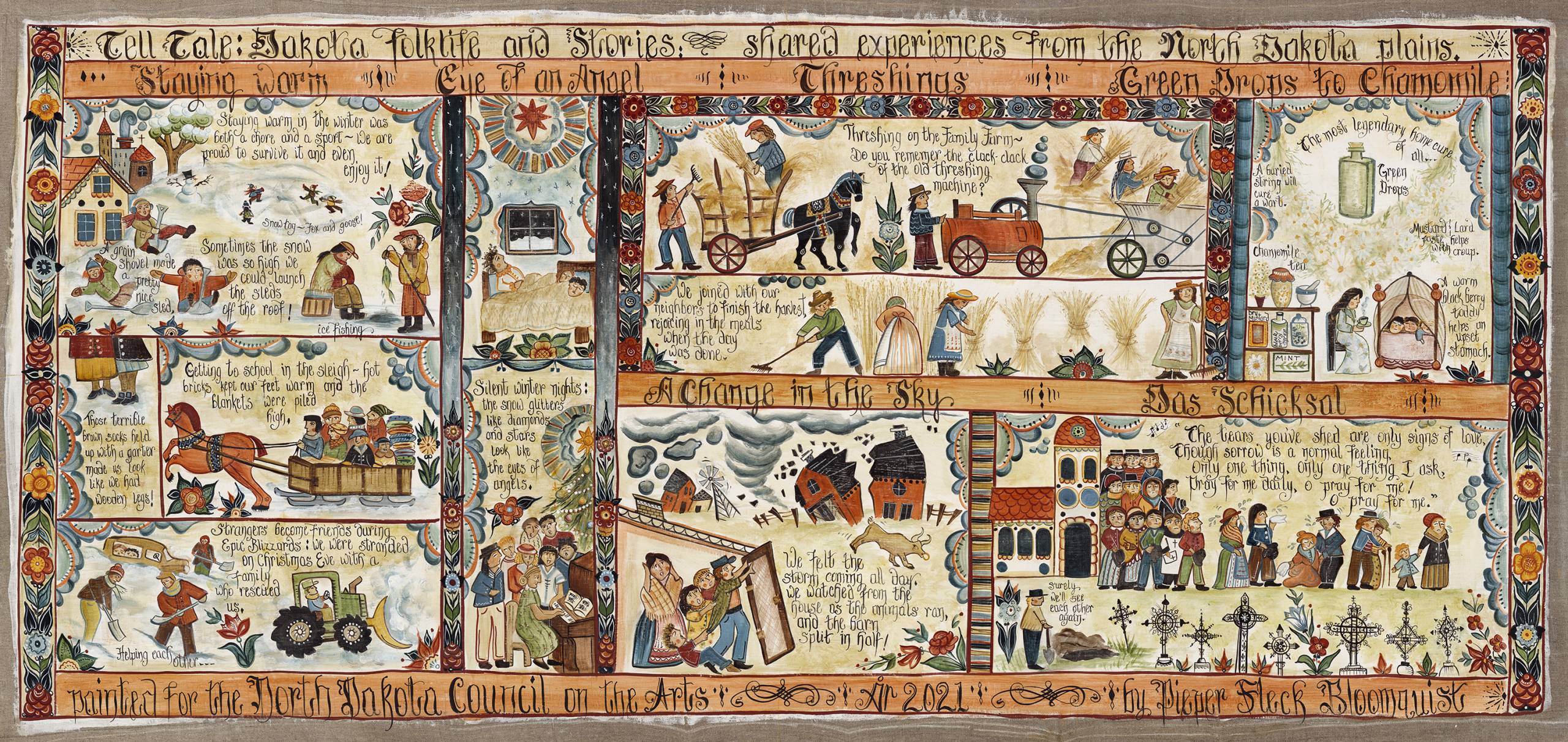 artist Pieper Bloomquist created this Swedish bonadsmålning painting depicting six different lores of life in rural North Dakota, including threshing, snow storms, tornadoes, church, babies, bedtime, etc.