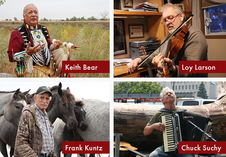 Collage of 4 older men with grey hair. 1) Native American storyteller and flute player Keith Bear wearing colorful regalia, 2) fiddle-player Loy Larson, 3) Frank Kuntz standing among horses, 4) accordion player Chuck Suchy