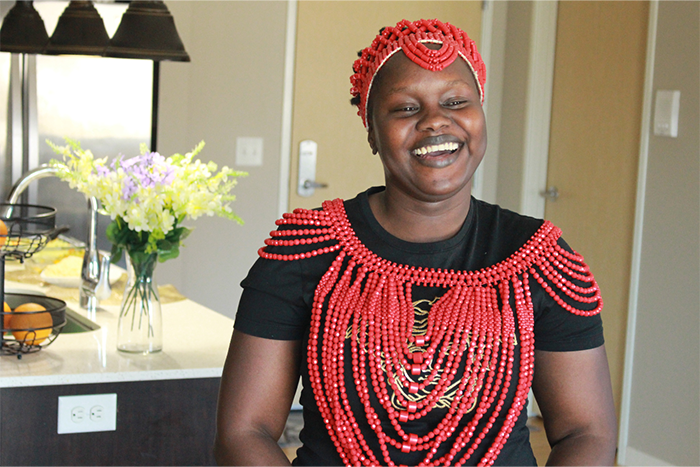 Master of Ma’di beadwork on the shirt and head of an African American woman, created by Janee Kareyo of Grand Forks, ND