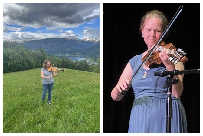 A woman plays fiddle on a mountaintop; a woman in a blue dress plays fiddle on stage.