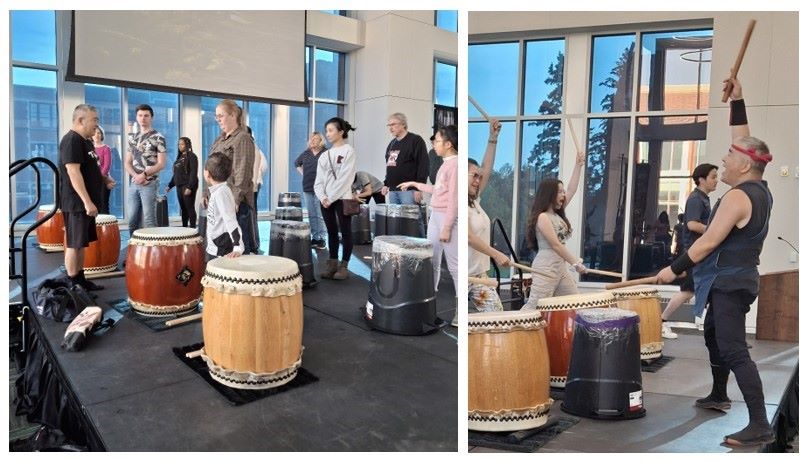 A man stands in front of a group of people preparing to drum; a man and students with arms raised prepare to beat drums.