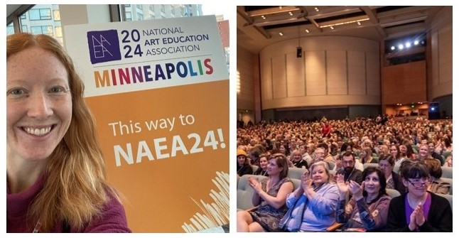 A woman beside a sign for NAEA; a crowd clapping in an auditorium.