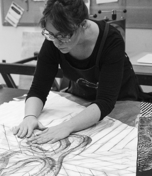 Printmaker Jessica Christy working in her studio