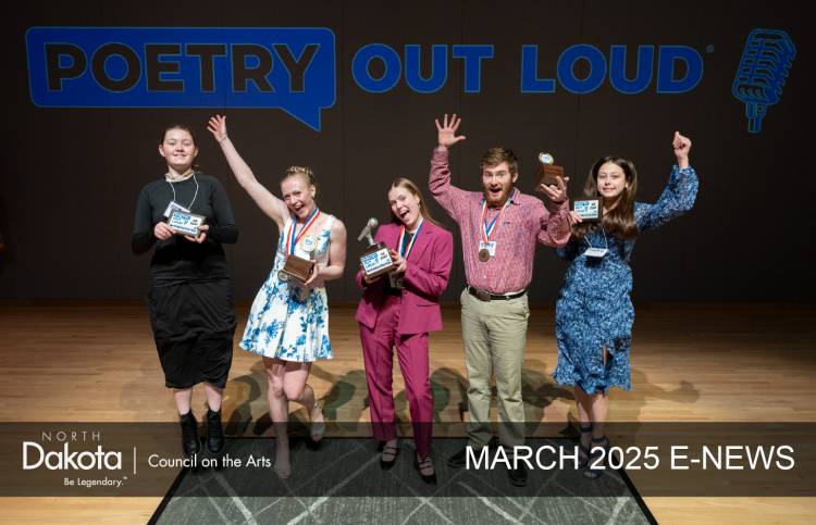 POL 2025 finalists smiling big and celebrating with their body parts in the air (left to right): 4th-DeLainis Kroh, Mandan H.S.; 2nd-Joanie McCormack, Wilton Public School; 1st-Leah Hochhalter, Valley City H.S.; 3rd-Sawyer Wilhelmi, Starkweather School; 5th-Aspen Geist, Wyndmere Public School; photo by Poppy Mills