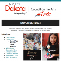 Screenshot of top of NDCA November 2024 e-newsletter showing an index with links and photos showing a young girl and older lady creating art at the Sacred Pipe Resource Center in Bismarck