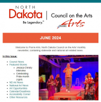 Screenshot of the top of the June 2024 Prairie Arts Newsletter showing the Index and a photo of actors on stage