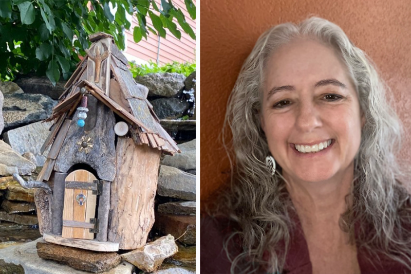 Sculpture of wooden fairy house on the left with head and shoulders image of artist and creator Kimberly Eslinger on the right, with long, curly grey hair and a big toothy smile